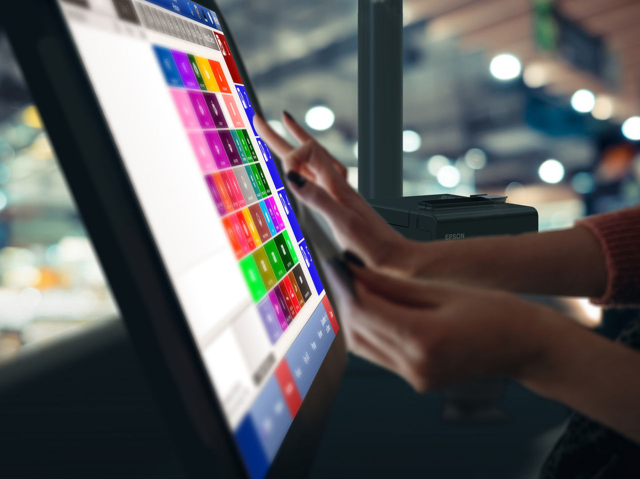 Touch screen, modern technology. Woman is using banking terminal indoors